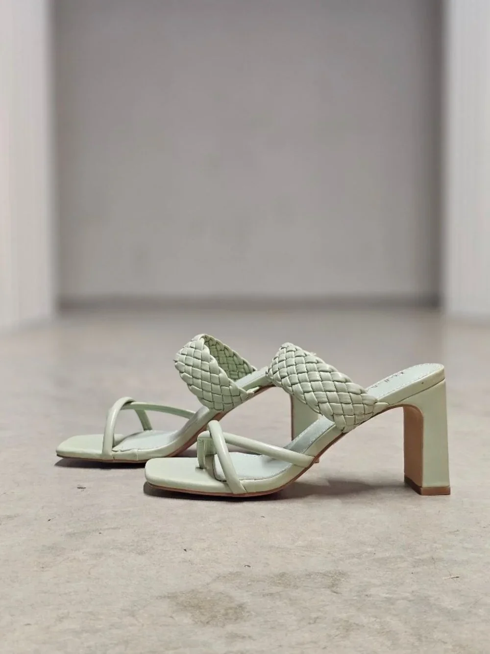 Woven Strap Block Heel Sandals Sage Green Square Toe Slip-On Design Womens Footw